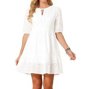 Women's Eyelet Dress Summer Casual Tiered Flowy Mini Dress White